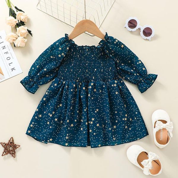 

girl's dresses autumn winter 2021 girls dress long sleeve o neck print star dark blue color cute sweet baby vestidos 3m-3t, Red;yellow
