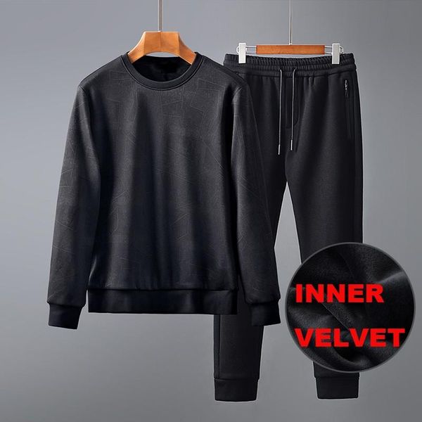 

men's tracksuits minglu velvet thicken mens sets (sweatshirts+pants) luxury geometric jacquard black casual sport male suits slim fit, Gray