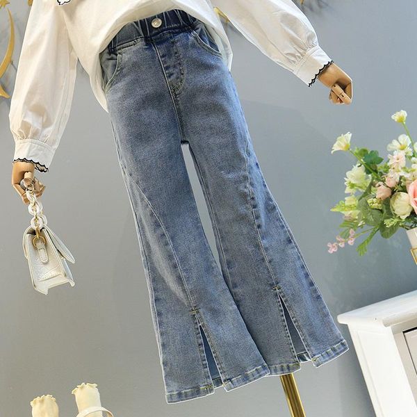 

jeans 2021 autumn fashion toddler kids girls boot cut flare long pants denim ruffle cowboy trousers slacks j127, Blue