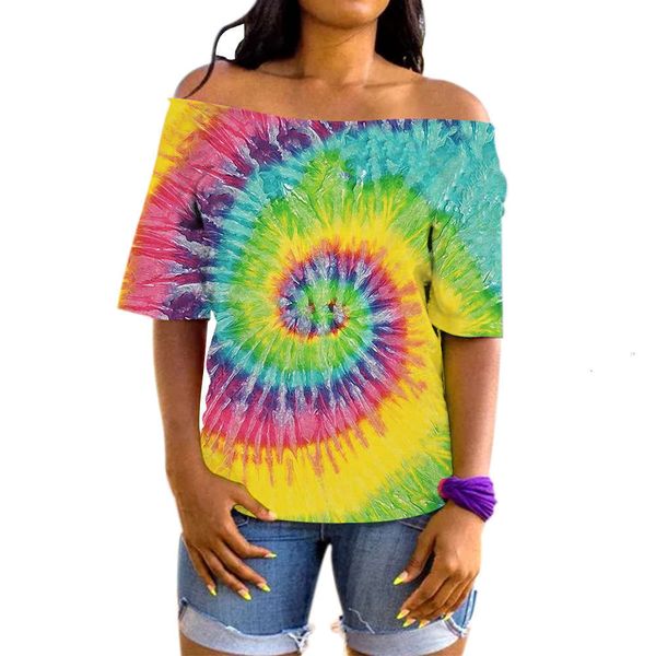 

women's t-shirt trendy spiral color pullover tie dye digital printing casual one neck short sleeve j9r9, White