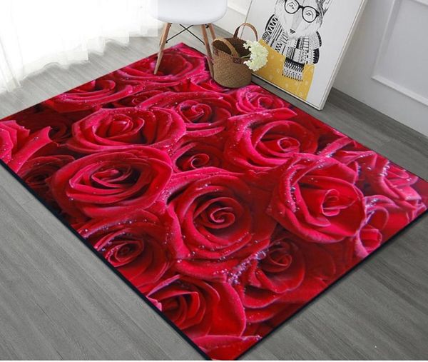 Tapetes frescos florescendo rosa vermelha sala de estar retângulo 3D Rapet de sofá de impressão de flores