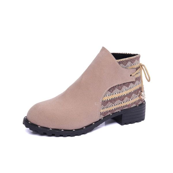 

boots 2021 vintage ankle autumn bow cross tied square heel women back lace up flock casual shoes, Black