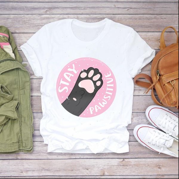 

cartoon cat paw funny womens t shirt letter pet cute print graphic tee, White