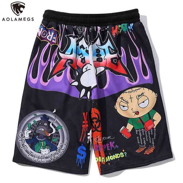 

aolamegs shorts men cartoon graffiti print bermuda beach knee-length hip hop elastic waist high street summer sweatpants 210806, White;black