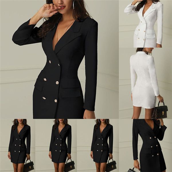 

women's suits & blazers spring autumn suit blazer women casual double breasted pocket long jackets elegant sleeve slim formal outerwear, White;black