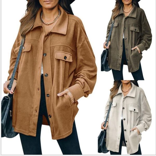 

women's jackets european and american 2021 amazon autumn winter lapel fleece button cardigan coat shirt, Black;brown