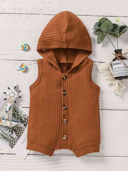 

baby button front waffle knit hooded romper she, Blue
