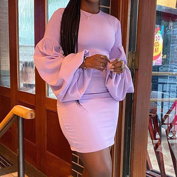 

jocoo jolee elegant office lady sheath short dress casual slim purple mini dress spring long lantern sleeve o neck bodycon dress 210518, Black;gray