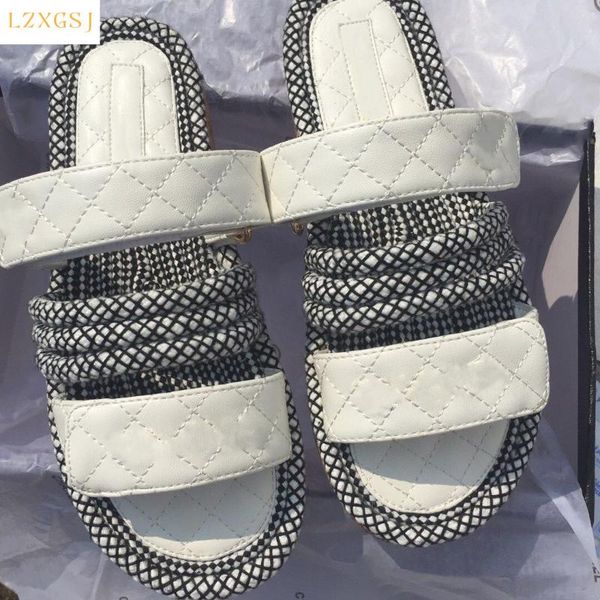 

summer spring flat light slippers women fashion concise sweet platform shoes lady female grid stripe outside slides, Black