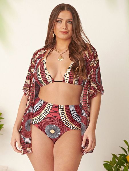 

3pack plus graphic print bikini swimsuit with kimono 79bg#, Black
