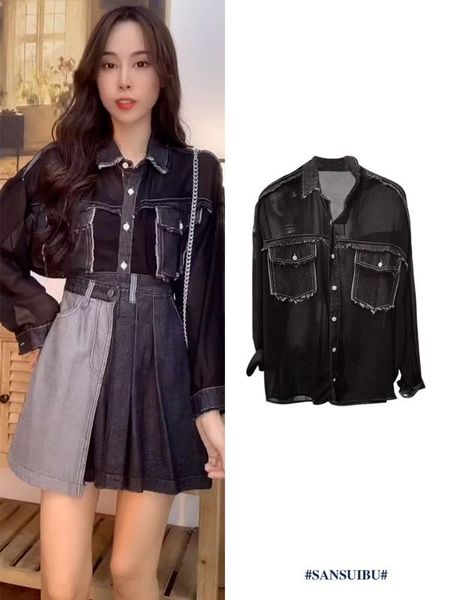 

women's blouses & shirts retro long sleeve blouse women loose casual worn denim patchwork chiffon blusas mujer de moda 2021 verano eleg, White