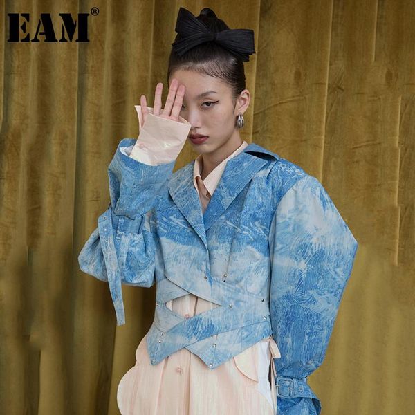 

women's jackets [eam] loose fit blue printed big size short jacket lapel long sleeve women coat fashion tide spring autumn 2021 1da936, Black;brown