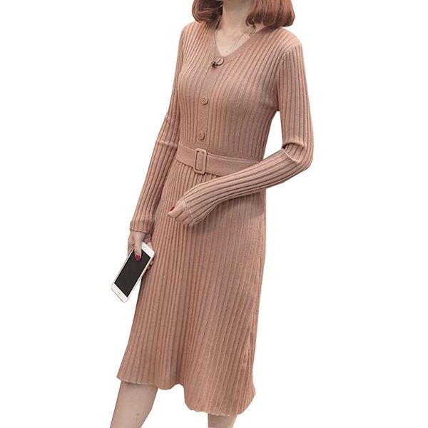 

casual dresses 2021 fashion knitted dress women slim autumn spring long sleeve v-neck elastic waistband sweater vestidos, Black;gray