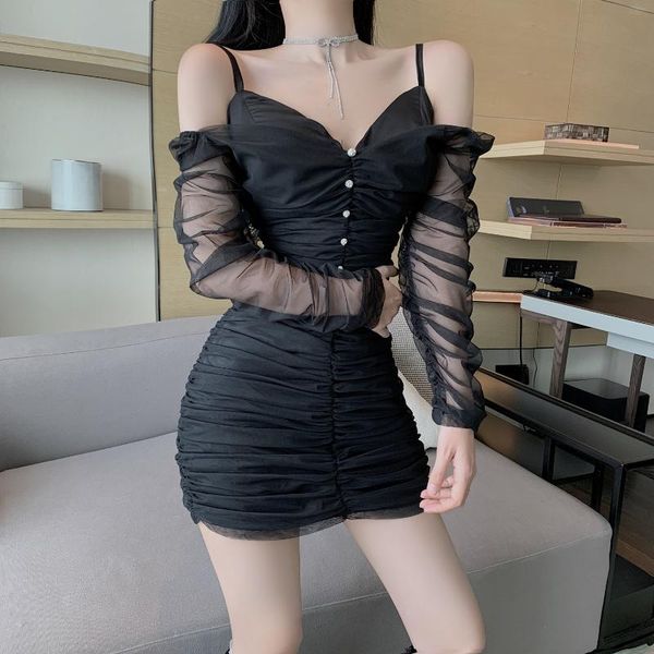 

casual dresses 2021 autumn fashion trend strapless v-neck sling pleated mesh stitching fake dress mini short skirts saia feminina, Black;gray