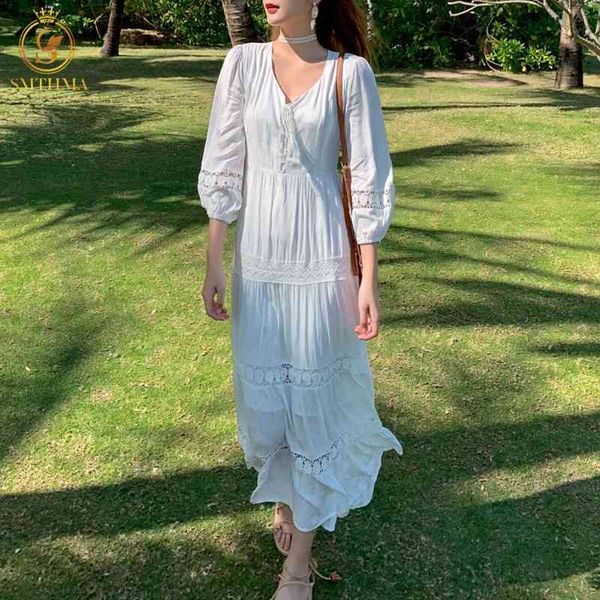 Moda Summer Runway Mulheres Laço Lace Bordado Patchwork Branco Vestido Femme Sexy V-Pescoço Elegante Bohemian Maxi Robe 210520