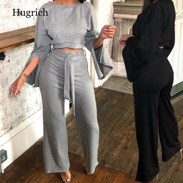 

women's pants & capris suit autumn and winter solid color casual split cuff knit sweater vertical wide leg two-piece, Black;white