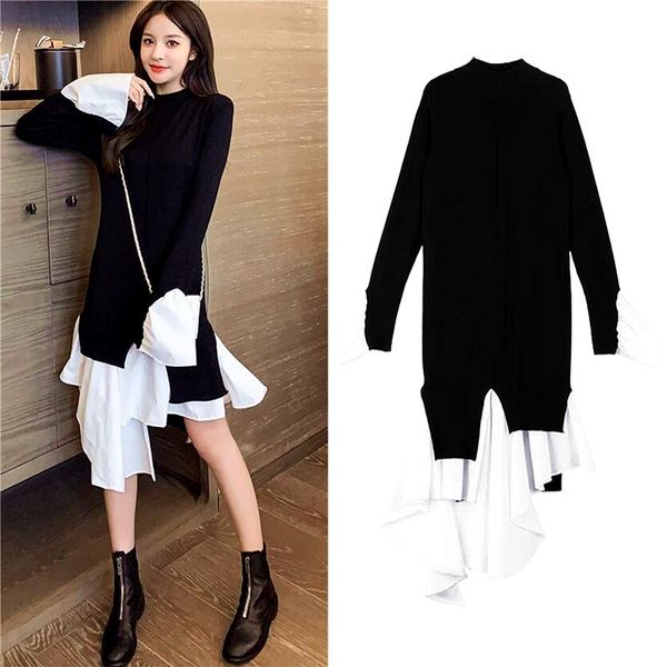 

fashion elegance ladies autumn full sleeve knitted slim dress women style irregular patchwork woman cloths sl222 casual dresses, Black;gray