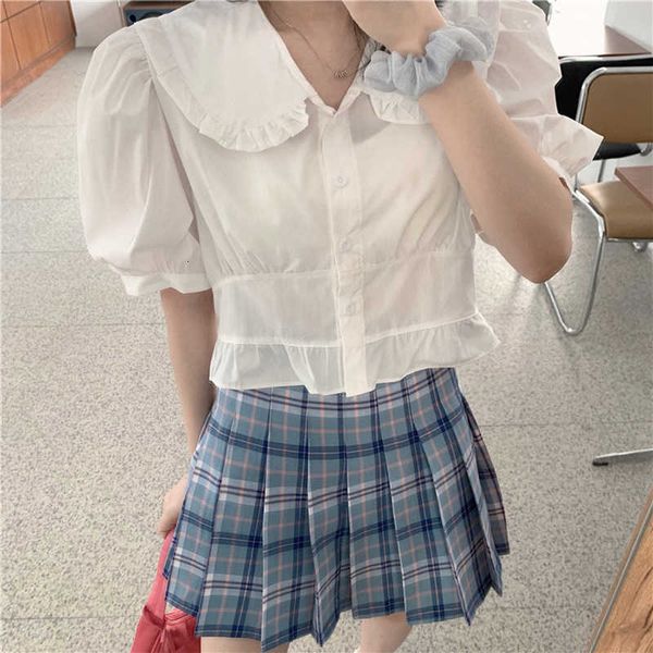 

women's blouses & shirts peter pan collar summer blouse women single breasted cropped loose short sleeve korean sweet cotton, White