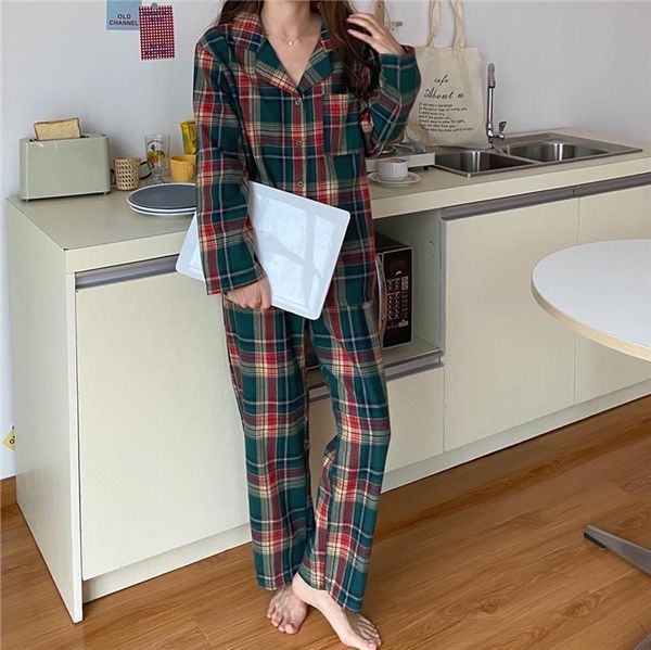 

autumn winter loose couple women sleepwear pajamas suit simple plaid home clothes plus size pants pyjamas long sleeve shirts lounge, Black;red