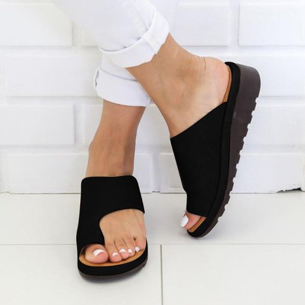 

slippers women pu leather shoes comfy platform flat sole ladies casual soft big toe foot correction sandal orthopedic bunion corrector#3, Black