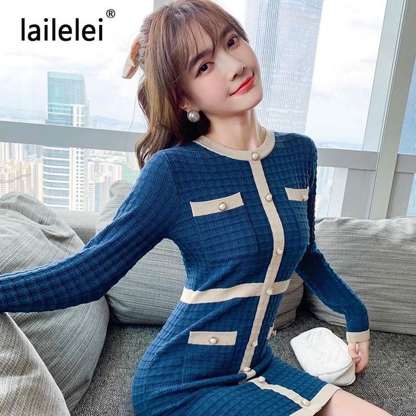 

casual dresses button bodycon dress knitted mini long sleeve party fall 2021 kleider damen vintage elegant korean blue winter moda muje, Black;gray
