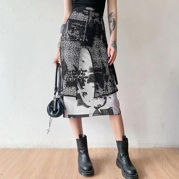 

mesh skirts print high waist streetwear emo woman clothes black skirt gothic dark academia style goth gonna grunge etek