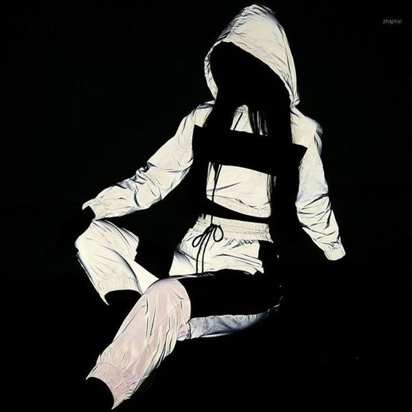 

two piece dress 2 reflective tracksuits set women jogger glow luminous drawstring hoodies jackets sweatpants suits plus size, White