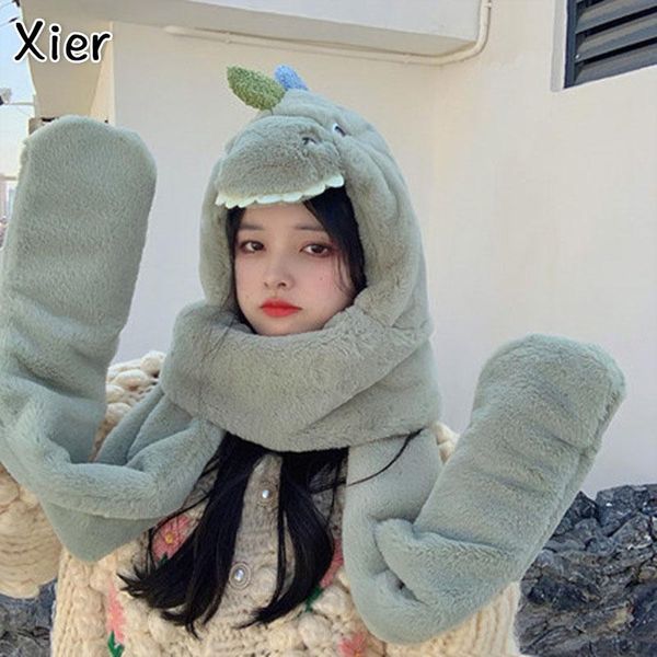 

berets men's and women's fashion earmuffs, scarves, gloves, three-piece winter small dinosaur hats, warm casual plush h, Blue;gray