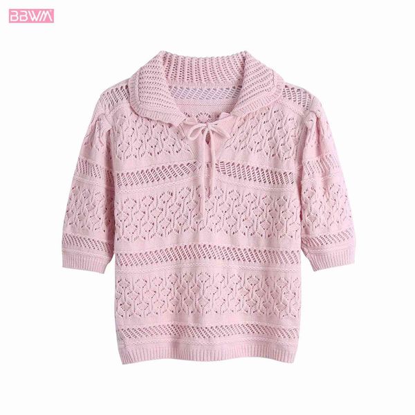 

chic women lapel short sleeve college style sweet jacquard pink hollow t-shirt vintage mesh knit short female 210507, White