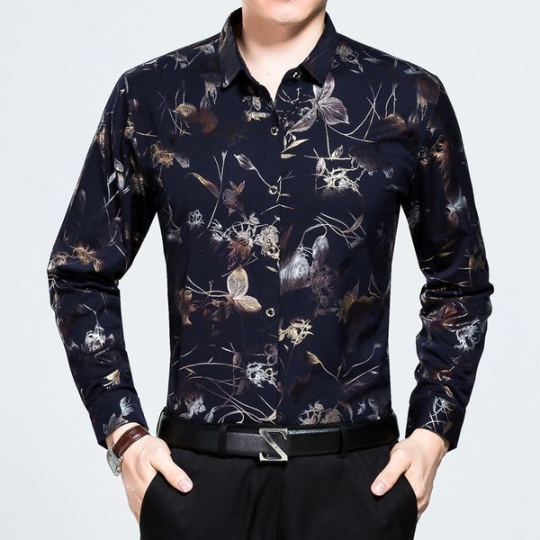 

2021 spring and autumn middle-aged loose men's long sleeved fashion busins handsome flower shirt trend, Black