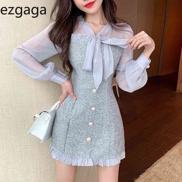 Ezgaga vintage sexy chiffon reche-se patchwork tweed mini vestido mulheres fita arco manga longa Único vestido de festa de breasted 210430