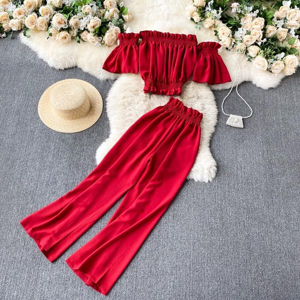 

women's tracksuits 2021 spring fashion korean style ear edge shoulder short shirt + high waist slim wide leg pants d0143, Gray