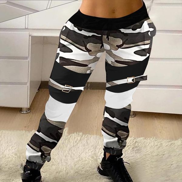

spring autumn cargo casual elastic womens pants buckle camouflage sweatpant overall women patchwork high waist trousers streetwear, Black;white