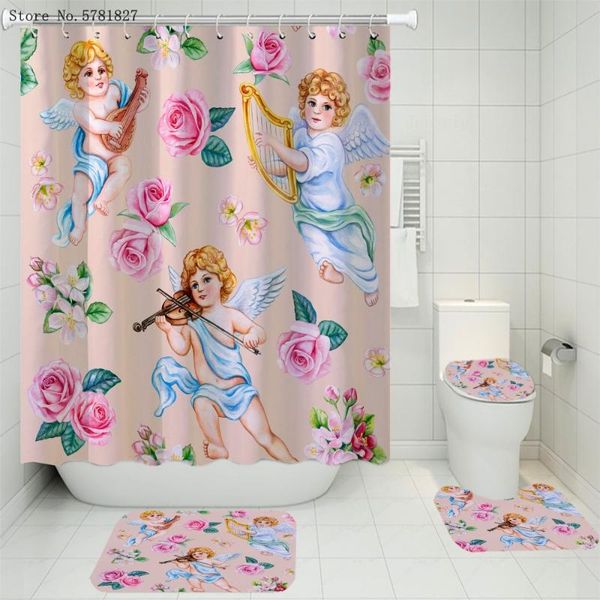

3/4 pieces angel oil painting carpet cover toilet bath mat pad set home european bathroom curtain religious shower curtains
