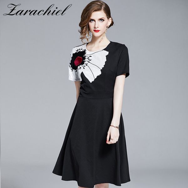 

black floral embroidered contrast color runway a-line dress women short sleeve high waist summer office work party dresses 210416, Black;gray