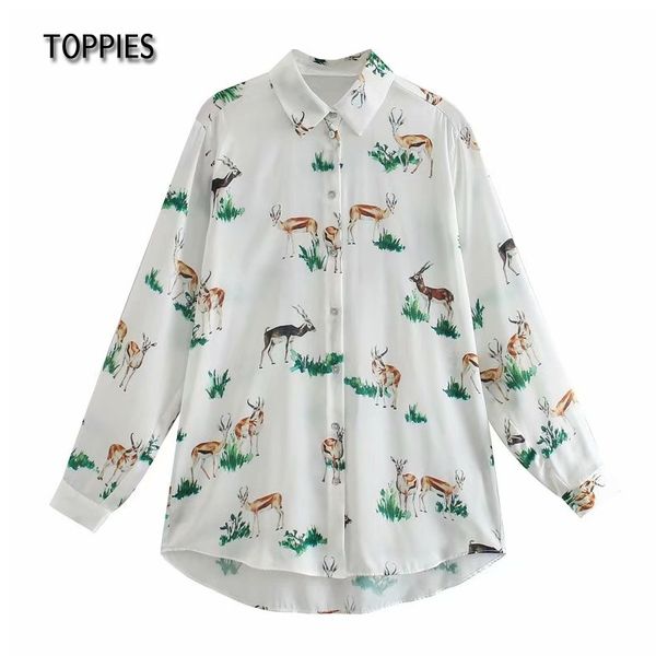 Toppies Mulheres Branco Camisas Solta Gluses de Oversize Tops Animal Printing Camisas Femininas Manga Longa Camisas Fashion Streetwear 210412