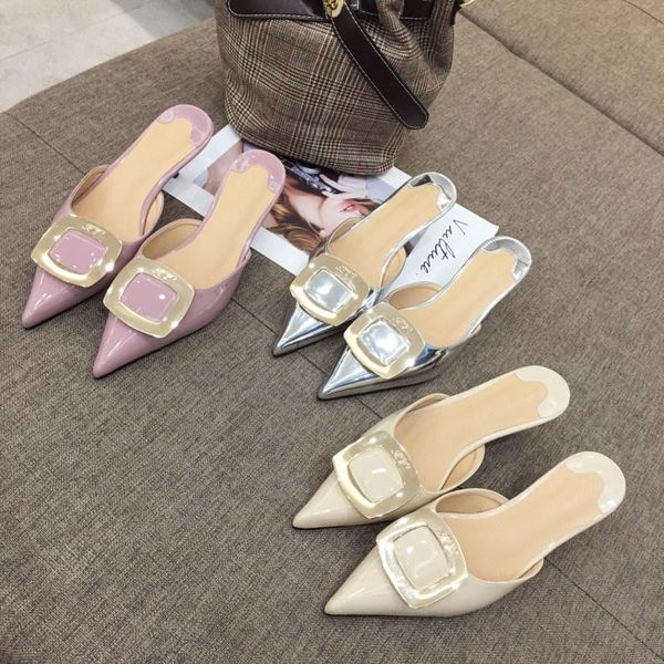 

slippers patent pu leather women slip on mules metal buckle decoration slides stiletto heel pointy toe shoes, Black