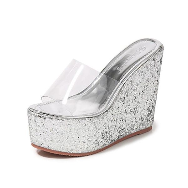 

slippers slope with ultra high heels waterproof platform muffin women's shoes transparent beach fish mouth sandals drag, Black