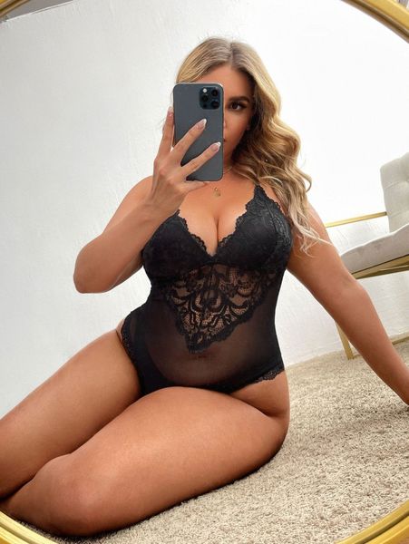 

plus contrast lace mesh teddy bodysuit e5bd#, Black;white