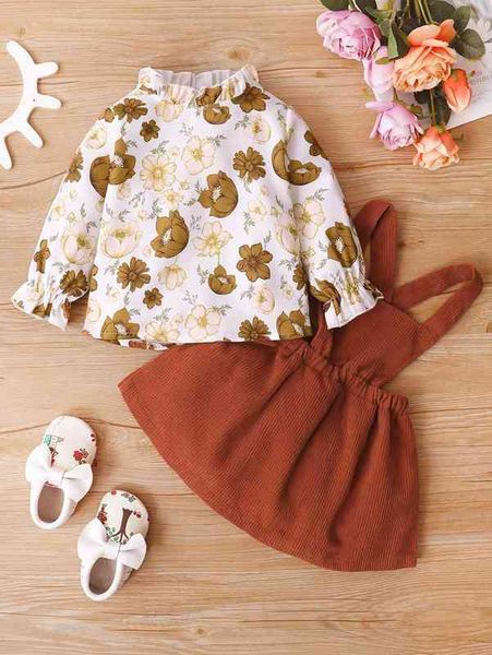 

baby floral print flounce sleeve & overall dress she, White