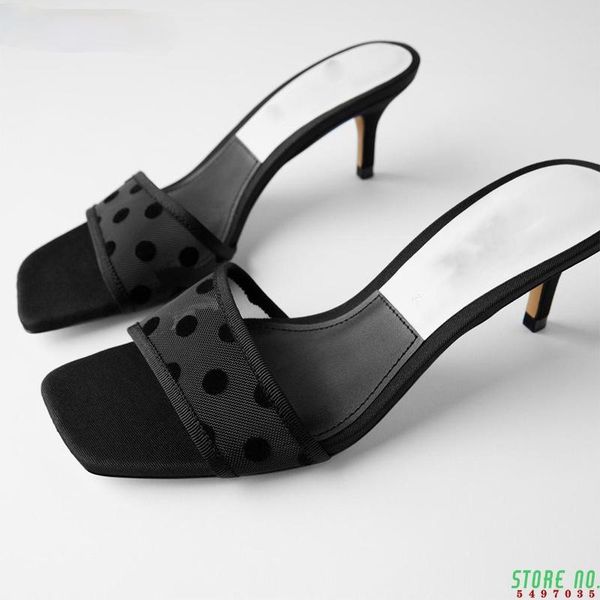 

summer women med heel slide sandals black polka dot air mesh female slippers outside