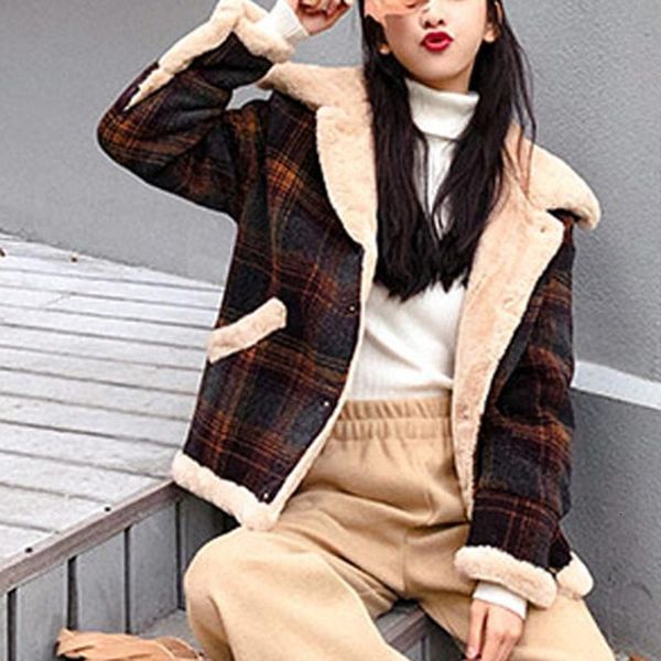 

women's down & parkas jacket female fashion women outwear plaid patchwork thickening coat plush overcoat chaqueta mujer bqop, Black