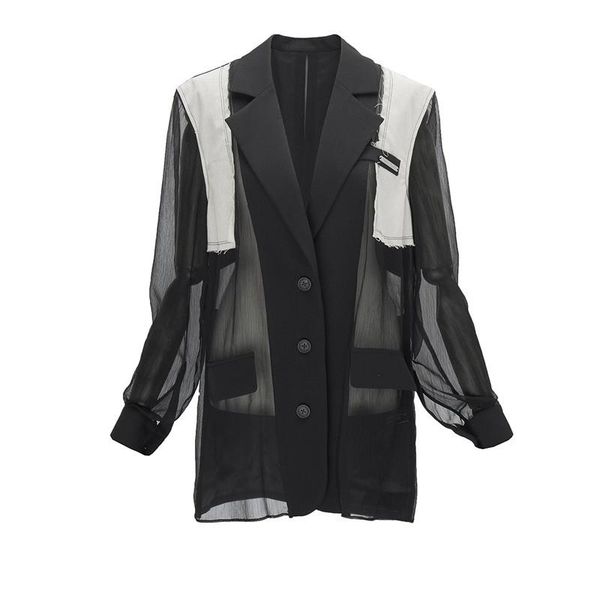 

women's suits & blazers getspring women blazer patchwork perspective black mesh ladies suit coat full sleeve irregular loose casual fem, White;black