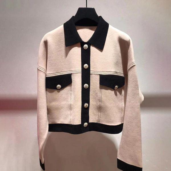 

women's jackets women jacket 2021 spring /summer style contrast stitching lapel long sleeve knitted spot, Black;brown