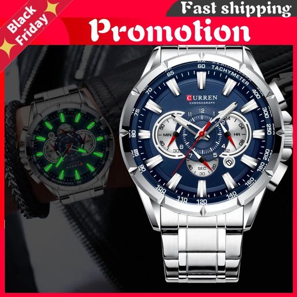 

wristwatches men watches sport watch blue chronograph quartz man stainless steel male clock reloj hombre, Slivery;brown