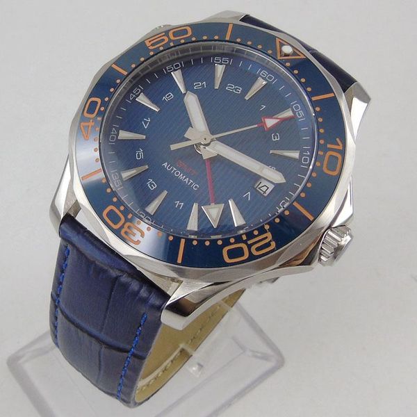 

wristwatches 41mm blue sterile dial ceramic leather men's watch automatic gmt movement sapphire glass date window, Slivery;brown