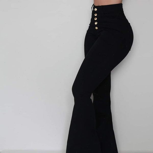 

womens pant white bell bottom pants women button high waist flare trousers slim casual solid work wear pantalon femme, Black;white
