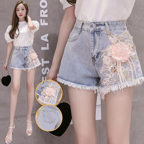 

women's jeans 2021 summer denim shorts heavy industry pink stereo flower wide leg pants beaded edge femme, Blue