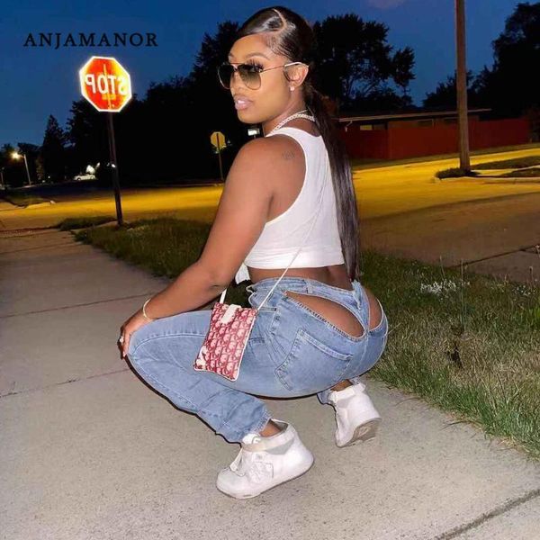 

women's jeans anjamanor back hollow out strechy high waist skinny light blue denim trousers streetwear woman retro pants d82-ez47