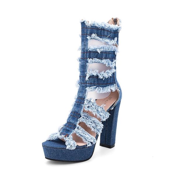

dress shoes ladies sandals 12cm women gladiator hole denim boots high heels platform peep toe zipper zapatos de mujer, Black